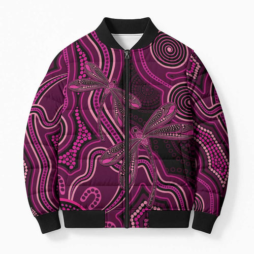 Australia Breast Cancer Awareness Bomber Puffer Jacket Pink Dragonflies Aboriginal Art - Aussie Hoodie