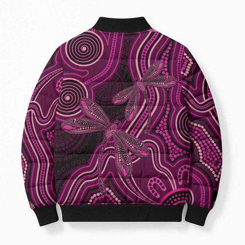 Australia Breast Cancer Awareness Bomber Puffer Jacket Pink Dragonflies Aboriginal Art - Aussie Hoodie