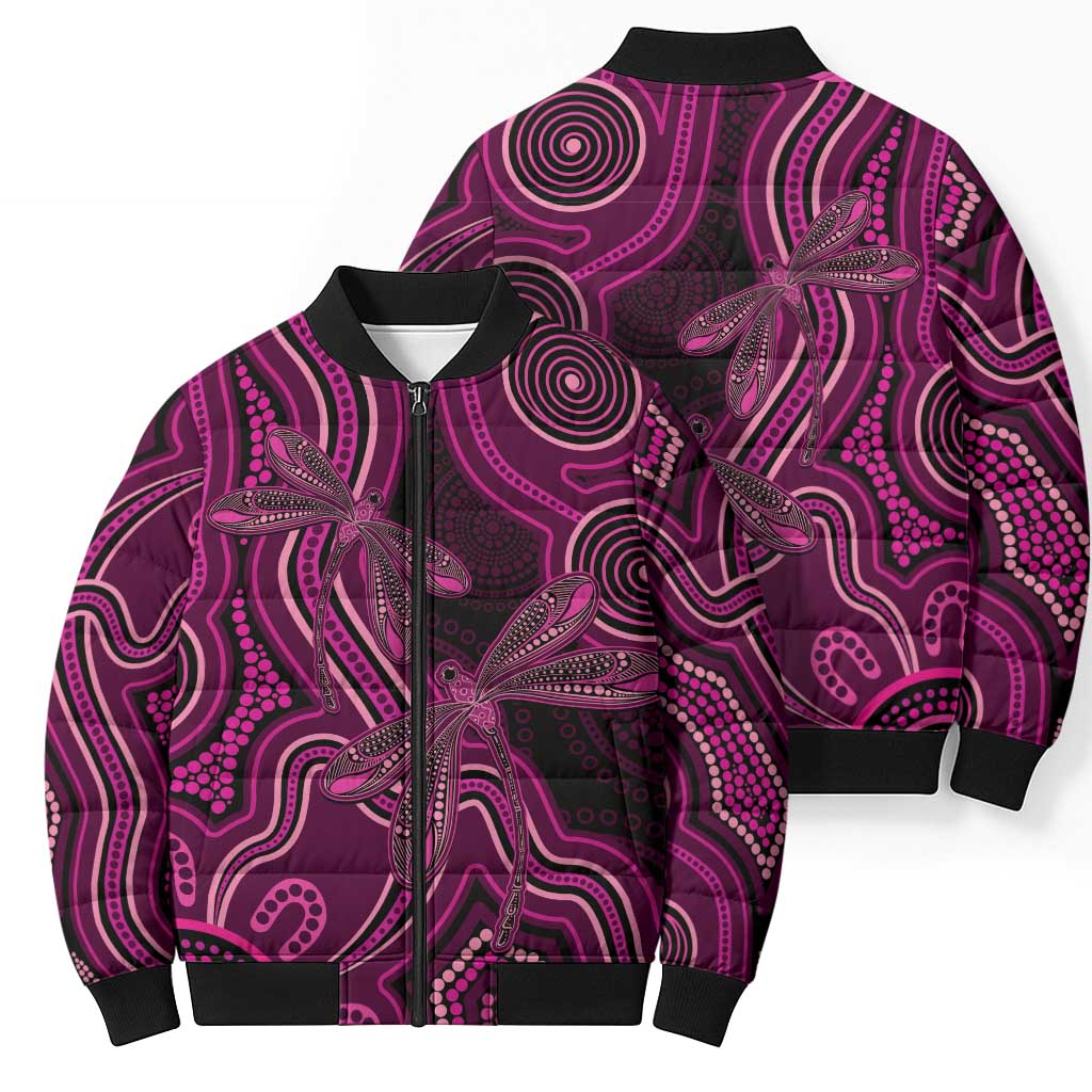 Australia Breast Cancer Awareness Bomber Puffer Jacket Pink Dragonflies Aboriginal Art - Aussie Hoodie