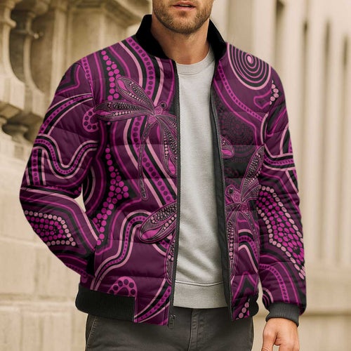 Australia Breast Cancer Awareness Bomber Puffer Jacket Pink Dragonflies Aboriginal Art - Aussie Hoodie