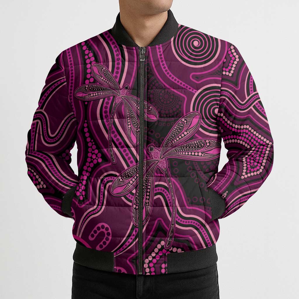Australia Breast Cancer Awareness Bomber Puffer Jacket Pink Dragonflies Aboriginal Art - Aussie Hoodie