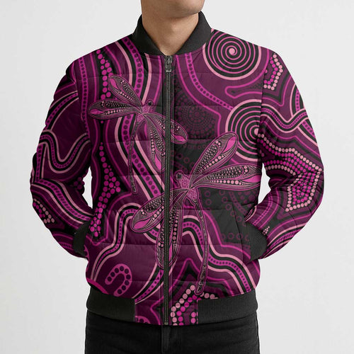 Australia Breast Cancer Awareness Bomber Puffer Jacket Pink Dragonflies Aboriginal Art - Aussie Hoodie