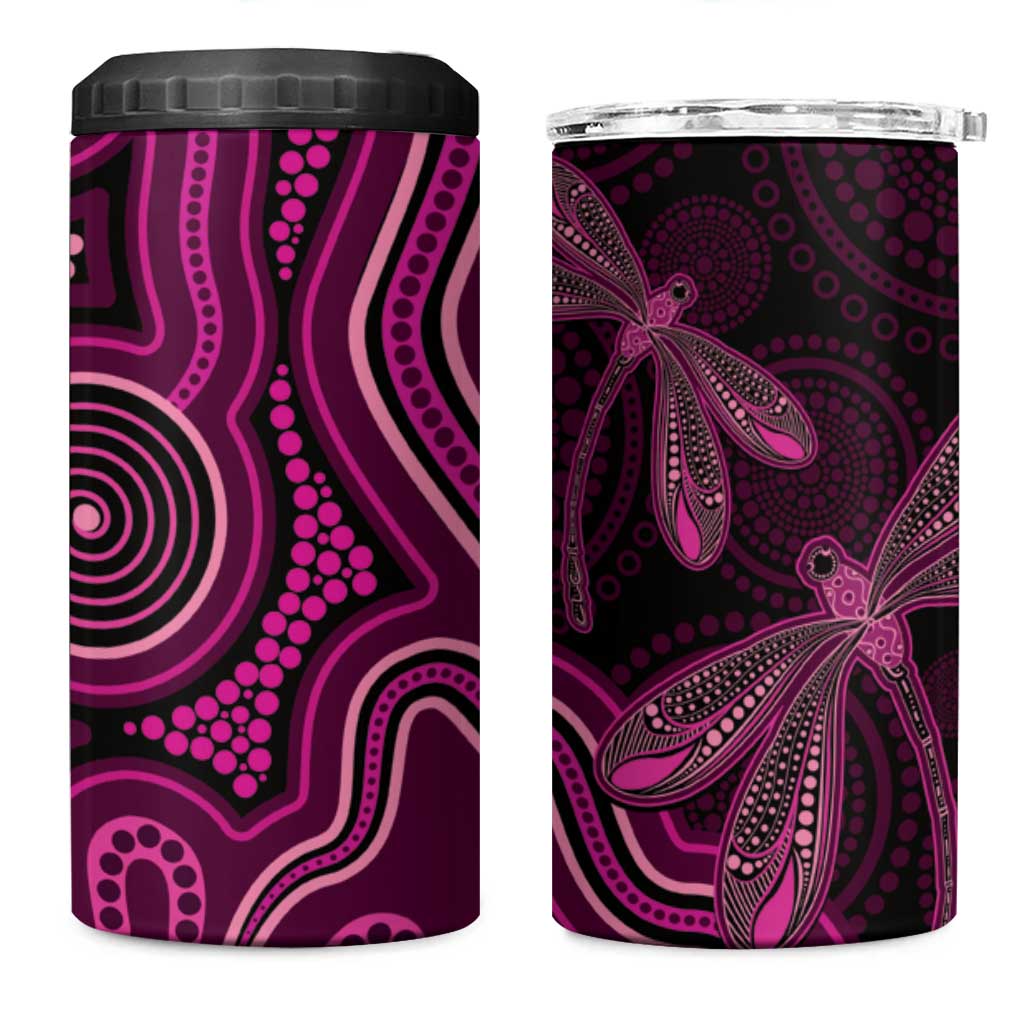 Australia Breast Cancer Awareness 4 in 1 Can Cooler Tumbler Pink Dragonflies Aboriginal Art - Aussie Hoodie
