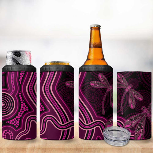 Australia Breast Cancer Awareness 4 in 1 Can Cooler Tumbler Pink Dragonflies Aboriginal Art - Aussie Hoodie