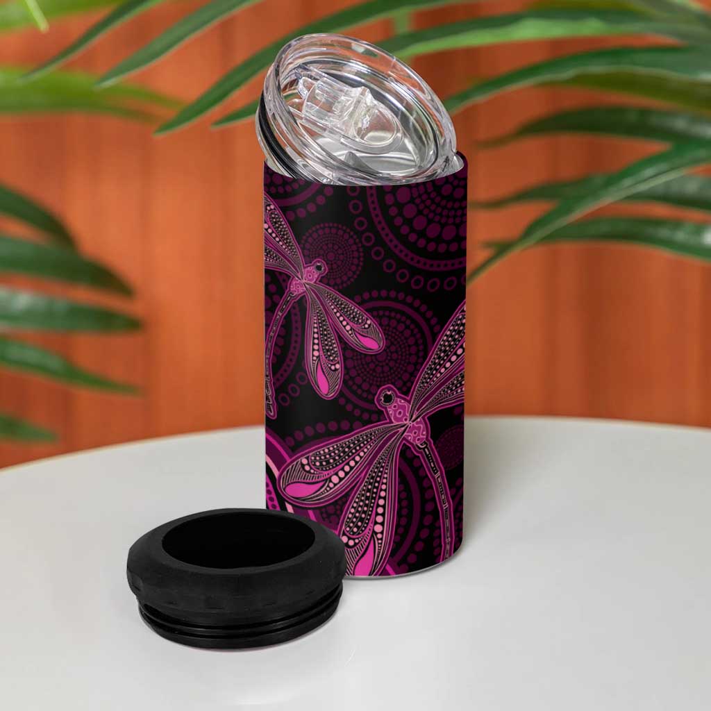 Australia Breast Cancer Awareness 4 in 1 Can Cooler Tumbler Pink Dragonflies Aboriginal Art - Aussie Hoodie