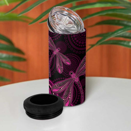 Australia Breast Cancer Awareness 4 in 1 Can Cooler Tumbler Pink Dragonflies Aboriginal Art - Aussie Hoodie