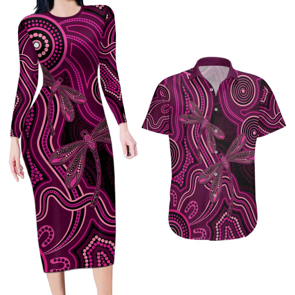 Australia Breast Cancer Awareness Couples Matching Long Sleeve Bodycon Dress and Hawaiian Shirt Pink Dragonflies Aboriginal Art - Aussie Hoodie