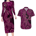 Australia Breast Cancer Awareness Couples Matching Long Sleeve Bodycon Dress and Hawaiian Shirt Pink Dragonflies Aboriginal Art - Aussie Hoodie