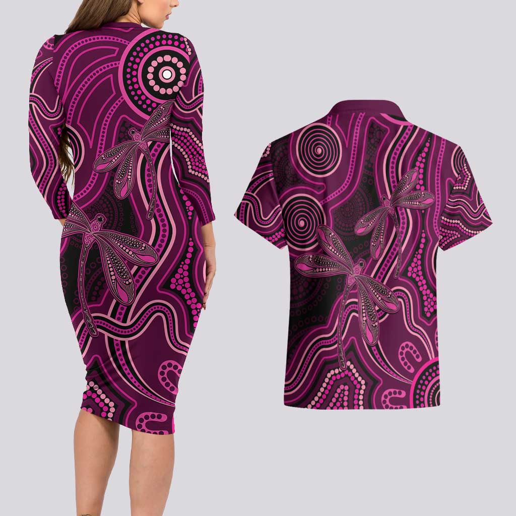 Australia Breast Cancer Awareness Couples Matching Long Sleeve Bodycon Dress and Hawaiian Shirt Pink Dragonflies Aboriginal Art - Aussie Hoodie