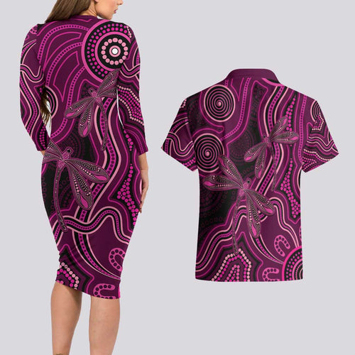 Australia Breast Cancer Awareness Couples Matching Long Sleeve Bodycon Dress and Hawaiian Shirt Pink Dragonflies Aboriginal Art - Aussie Hoodie