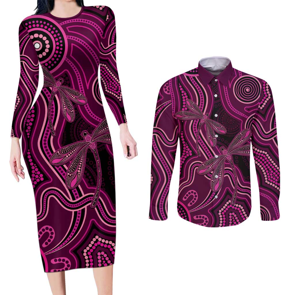 Australia Breast Cancer Awareness Couples Matching Long Sleeve Bodycon Dress and Long Sleeve Button Shirt Pink Dragonflies Aboriginal Art - Aussie Hoodie