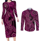 Australia Breast Cancer Awareness Couples Matching Long Sleeve Bodycon Dress and Long Sleeve Button Shirt Pink Dragonflies Aboriginal Art - Aussie Hoodie
