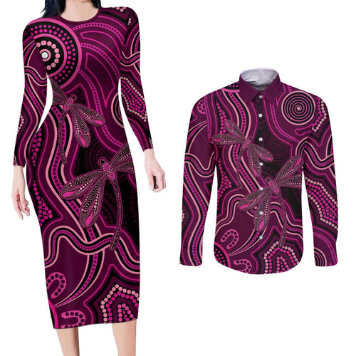 Australia Breast Cancer Awareness Couples Matching Long Sleeve Bodycon Dress and Long Sleeve Button Shirt Pink Dragonflies Aboriginal Art - Aussie Hoodie