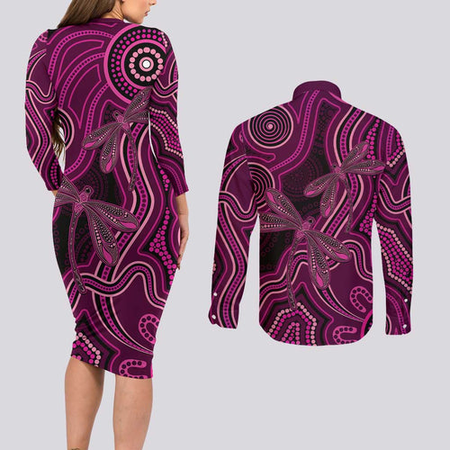 Australia Breast Cancer Awareness Couples Matching Long Sleeve Bodycon Dress and Long Sleeve Button Shirt Pink Dragonflies Aboriginal Art - Aussie Hoodie