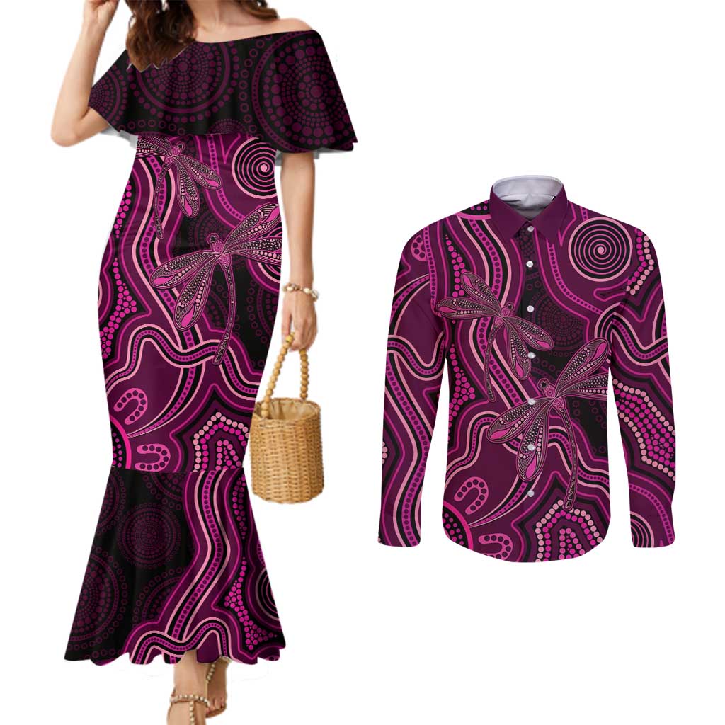 Australia Breast Cancer Awareness Couples Matching Mermaid Dress and Long Sleeve Button Shirt Pink Dragonflies Aboriginal Art - Aussie Hoodie