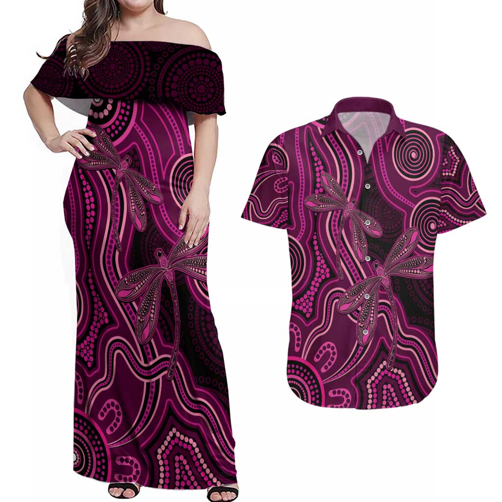 Australia Breast Cancer Awareness Couples Matching Off Shoulder Maxi Dress and Hawaiian Shirt Pink Dragonflies Aboriginal Art - Aussie Hoodie