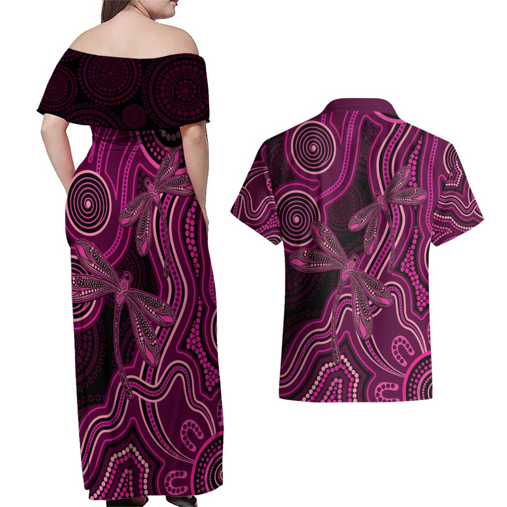 Australia Breast Cancer Awareness Couples Matching Off Shoulder Maxi Dress and Hawaiian Shirt Pink Dragonflies Aboriginal Art - Aussie Hoodie
