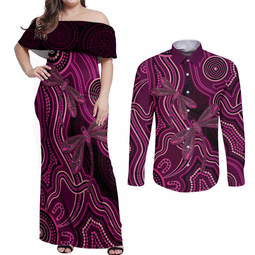 Australia Breast Cancer Awareness Couples Matching Off Shoulder Maxi Dress and Long Sleeve Button Shirt Pink Dragonflies Aboriginal Art - Aussie Hoodie