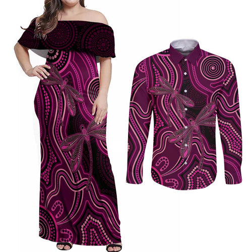 Australia Breast Cancer Awareness Couples Matching Off Shoulder Maxi Dress and Long Sleeve Button Shirt Pink Dragonflies Aboriginal Art - Aussie Hoodie