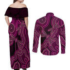 Australia Breast Cancer Awareness Couples Matching Off Shoulder Maxi Dress and Long Sleeve Button Shirt Pink Dragonflies Aboriginal Art - Aussie Hoodie