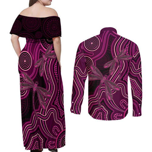 Australia Breast Cancer Awareness Couples Matching Off Shoulder Maxi Dress and Long Sleeve Button Shirt Pink Dragonflies Aboriginal Art - Aussie Hoodie