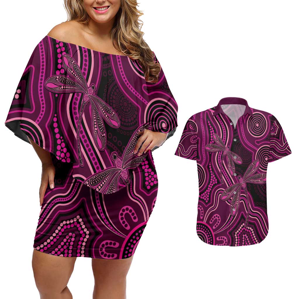 Australia Breast Cancer Awareness Couples Matching Off Shoulder Short Dress and Hawaiian Shirt Pink Dragonflies Aboriginal Art - Aussie Hoodie