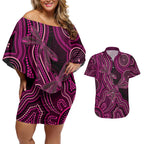 Australia Breast Cancer Awareness Couples Matching Off Shoulder Short Dress and Hawaiian Shirt Pink Dragonflies Aboriginal Art - Aussie Hoodie