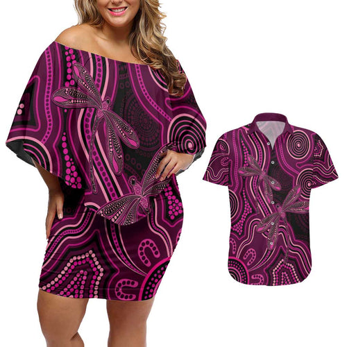 Australia Breast Cancer Awareness Couples Matching Off Shoulder Short Dress and Hawaiian Shirt Pink Dragonflies Aboriginal Art - Aussie Hoodie