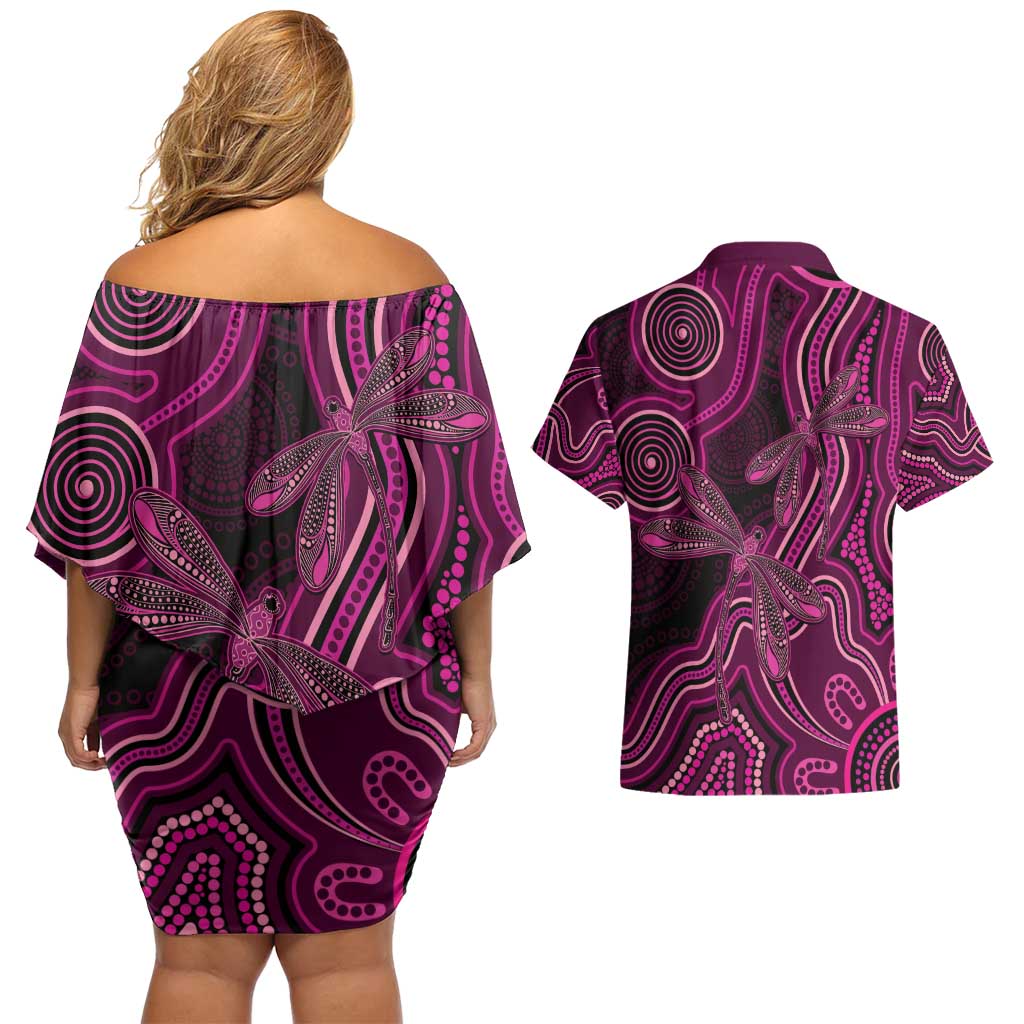 Australia Breast Cancer Awareness Couples Matching Off Shoulder Short Dress and Hawaiian Shirt Pink Dragonflies Aboriginal Art - Aussie Hoodie