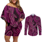 Australia Breast Cancer Awareness Couples Matching Off Shoulder Short Dress and Long Sleeve Button Shirt Pink Dragonflies Aboriginal Art - Aussie Hoodie