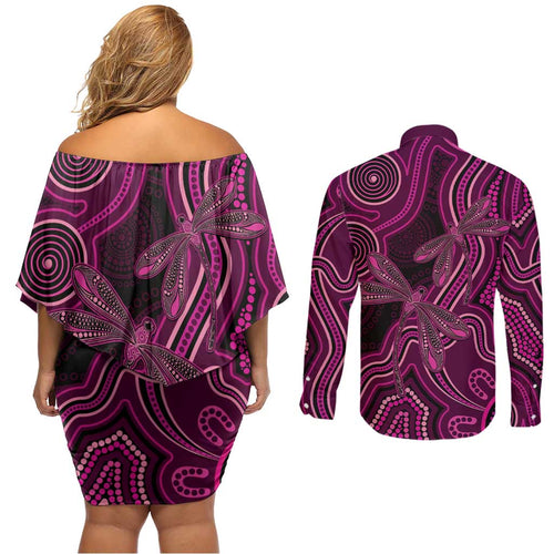 Australia Breast Cancer Awareness Couples Matching Off Shoulder Short Dress and Long Sleeve Button Shirt Pink Dragonflies Aboriginal Art - Aussie Hoodie