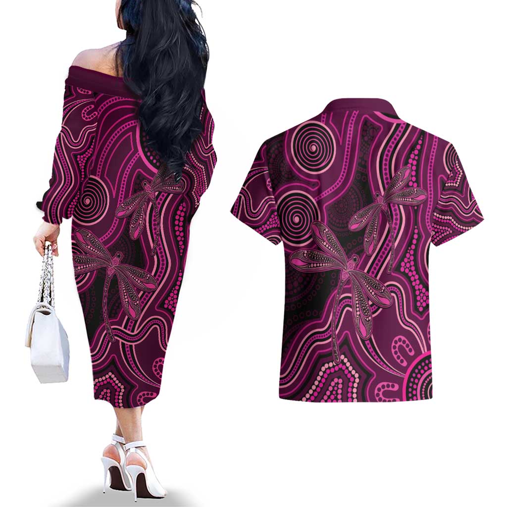 Australia Breast Cancer Awareness Couples Matching Off The Shoulder Long Sleeve Dress and Hawaiian Shirt Pink Dragonflies Aboriginal Art - Aussie Hoodie
