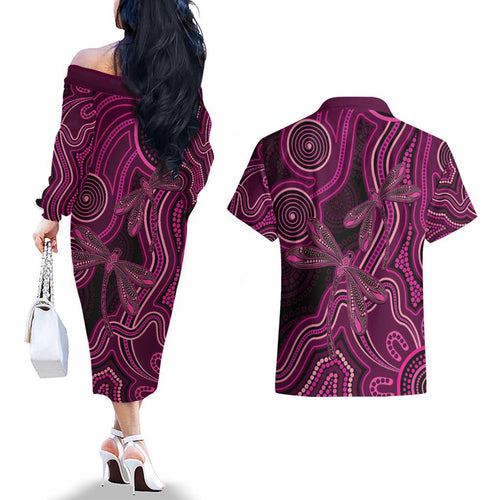 Australia Breast Cancer Awareness Couples Matching Off The Shoulder Long Sleeve Dress and Hawaiian Shirt Pink Dragonflies Aboriginal Art - Aussie Hoodie