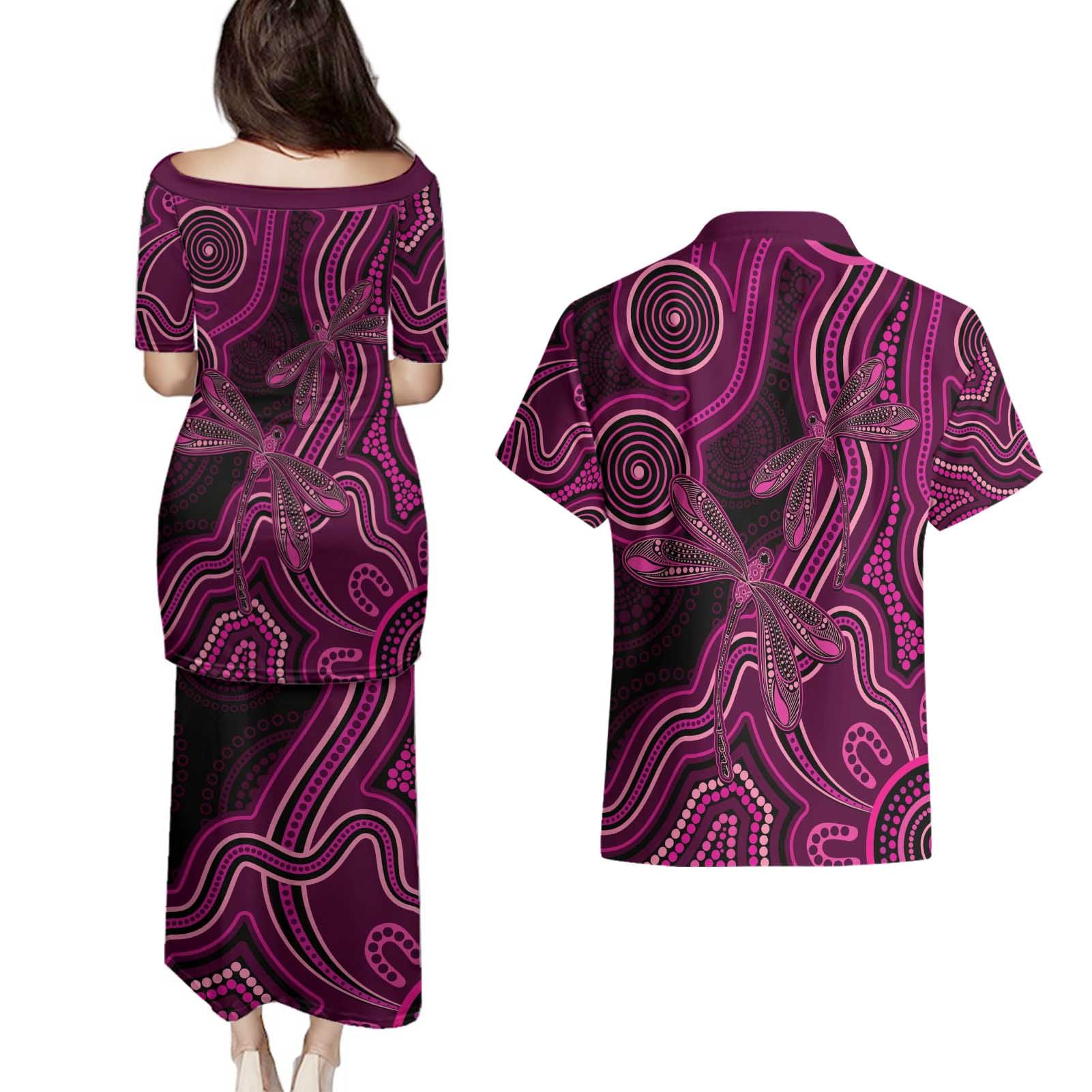 Australia Breast Cancer Awareness Couples Matching Puletasi and Hawaiian Shirt Pink Dragonflies Aboriginal Art - Aussie Hoodie