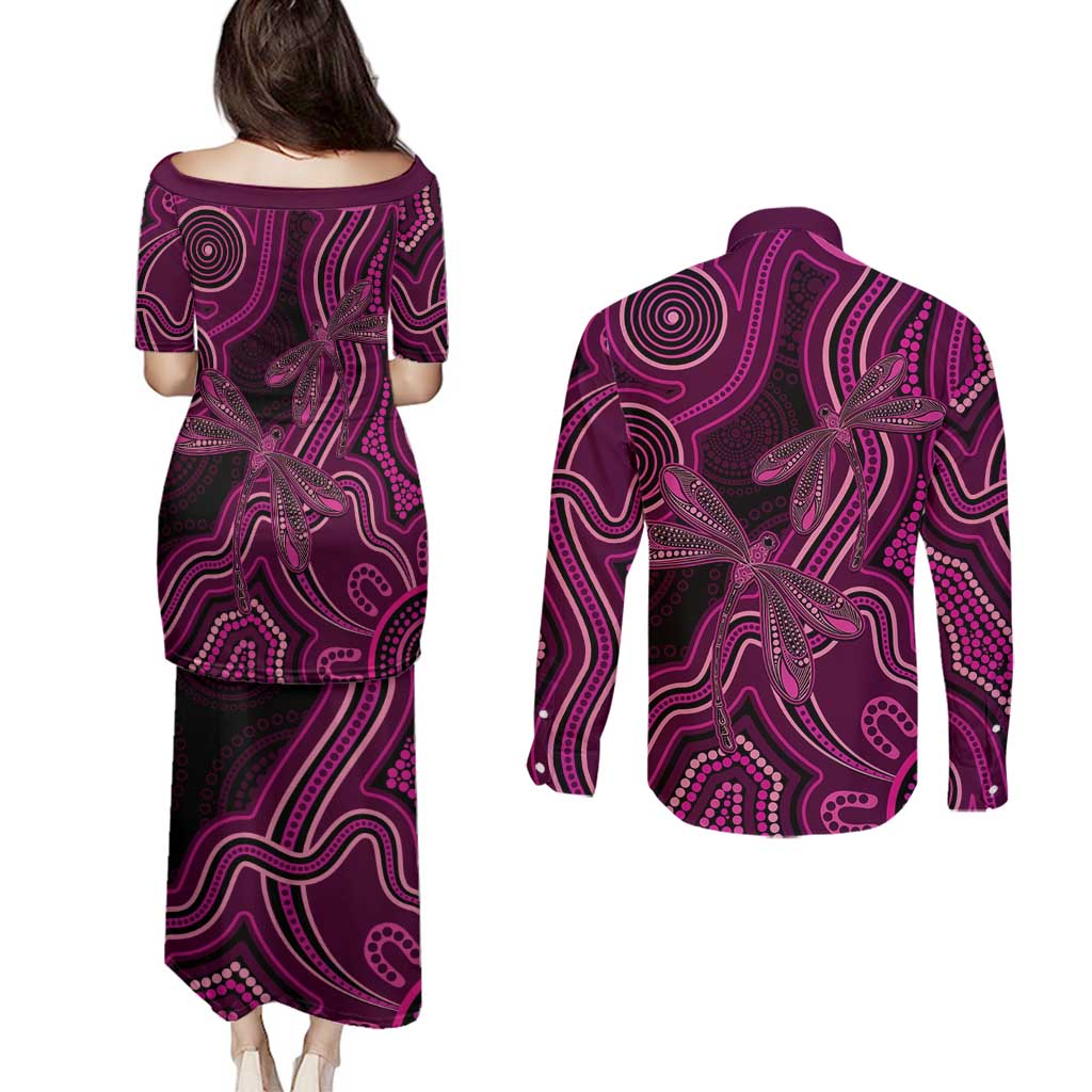 Australia Breast Cancer Awareness Couples Matching Puletasi and Long Sleeve Button Shirt Pink Dragonflies Aboriginal Art - Aussie Hoodie