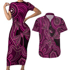 Australia Breast Cancer Awareness Couples Matching Short Sleeve Bodycon Dress and Hawaiian Shirt Pink Dragonflies Aboriginal Art - Aussie Hoodie