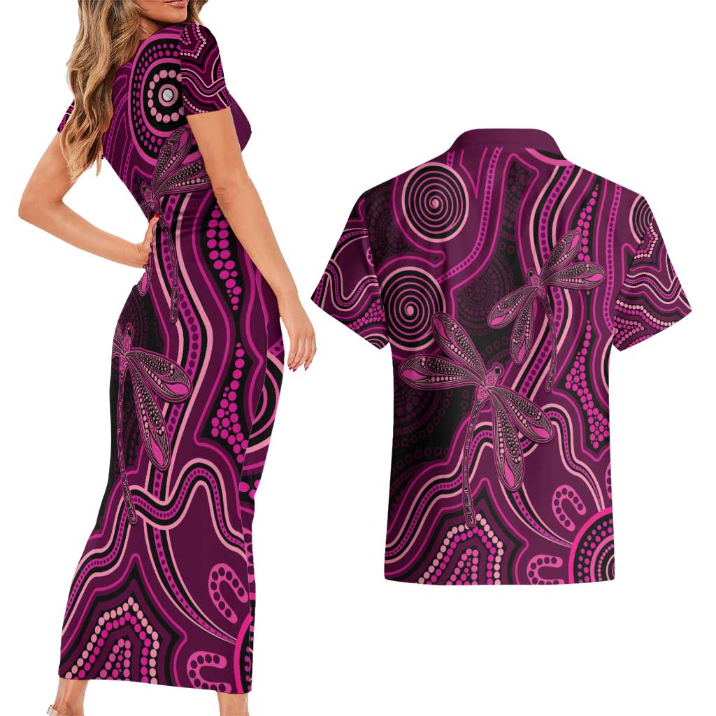 Australia Breast Cancer Awareness Couples Matching Short Sleeve Bodycon Dress and Hawaiian Shirt Pink Dragonflies Aboriginal Art - Aussie Hoodie