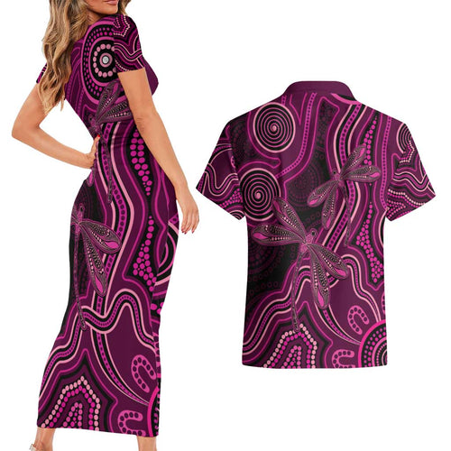 Australia Breast Cancer Awareness Couples Matching Short Sleeve Bodycon Dress and Hawaiian Shirt Pink Dragonflies Aboriginal Art - Aussie Hoodie