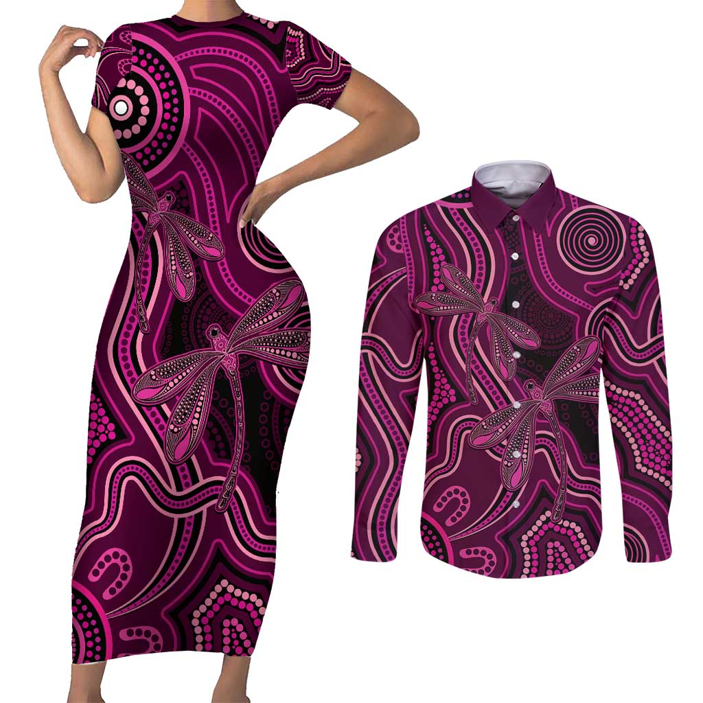 Australia Breast Cancer Awareness Couples Matching Short Sleeve Bodycon Dress and Long Sleeve Button Shirt Pink Dragonflies Aboriginal Art - Aussie Hoodie
