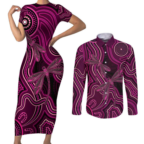 Australia Breast Cancer Awareness Couples Matching Short Sleeve Bodycon Dress and Long Sleeve Button Shirt Pink Dragonflies Aboriginal Art - Aussie Hoodie