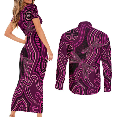 Australia Breast Cancer Awareness Couples Matching Short Sleeve Bodycon Dress and Long Sleeve Button Shirt Pink Dragonflies Aboriginal Art - Aussie Hoodie