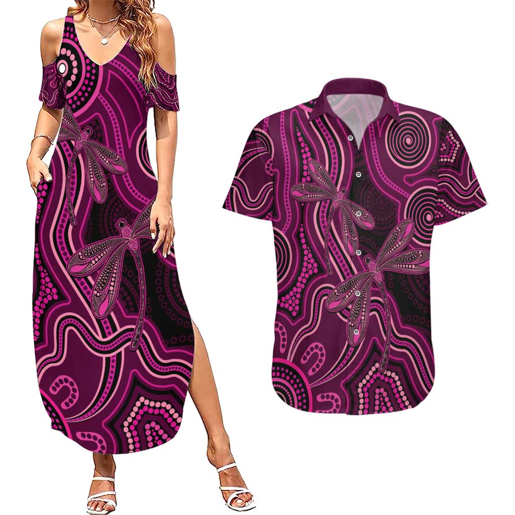 Australia Breast Cancer Awareness Couples Matching Summer Maxi Dress and Hawaiian Shirt Pink Dragonflies Aboriginal Art - Aussie Hoodie