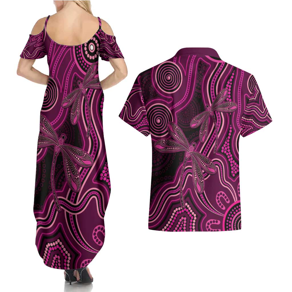 Australia Breast Cancer Awareness Couples Matching Summer Maxi Dress and Hawaiian Shirt Pink Dragonflies Aboriginal Art - Aussie Hoodie