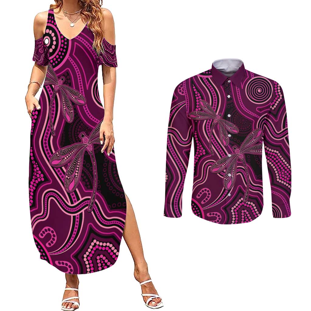Australia Breast Cancer Awareness Couples Matching Summer Maxi Dress and Long Sleeve Button Shirt Pink Dragonflies Aboriginal Art - Aussie Hoodie