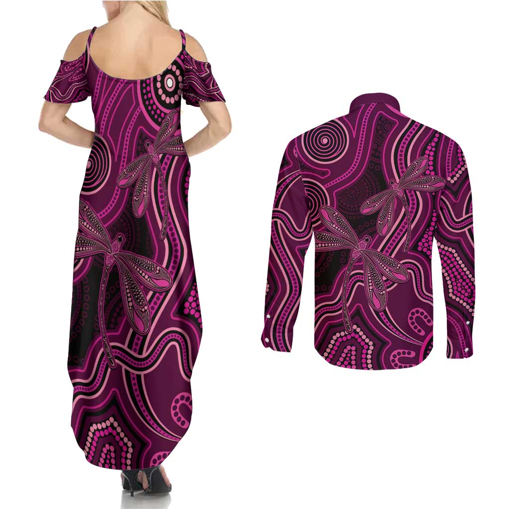 Australia Breast Cancer Awareness Couples Matching Summer Maxi Dress and Long Sleeve Button Shirt Pink Dragonflies Aboriginal Art - Aussie Hoodie