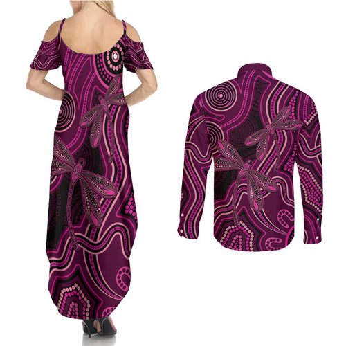 Australia Breast Cancer Awareness Couples Matching Summer Maxi Dress and Long Sleeve Button Shirt Pink Dragonflies Aboriginal Art - Aussie Hoodie