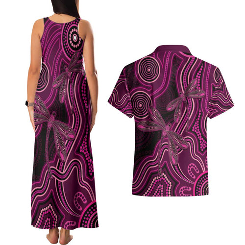 Australia Breast Cancer Awareness Couples Matching Tank Maxi Dress and Hawaiian Shirt Pink Dragonflies Aboriginal Art - Aussie Hoodie