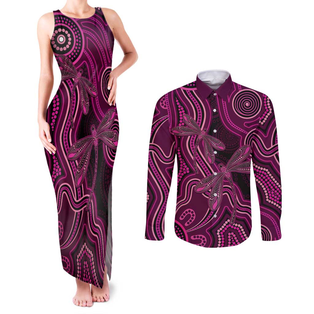 Australia Breast Cancer Awareness Couples Matching Tank Maxi Dress and Long Sleeve Button Shirt Pink Dragonflies Aboriginal Art - Aussie Hoodie