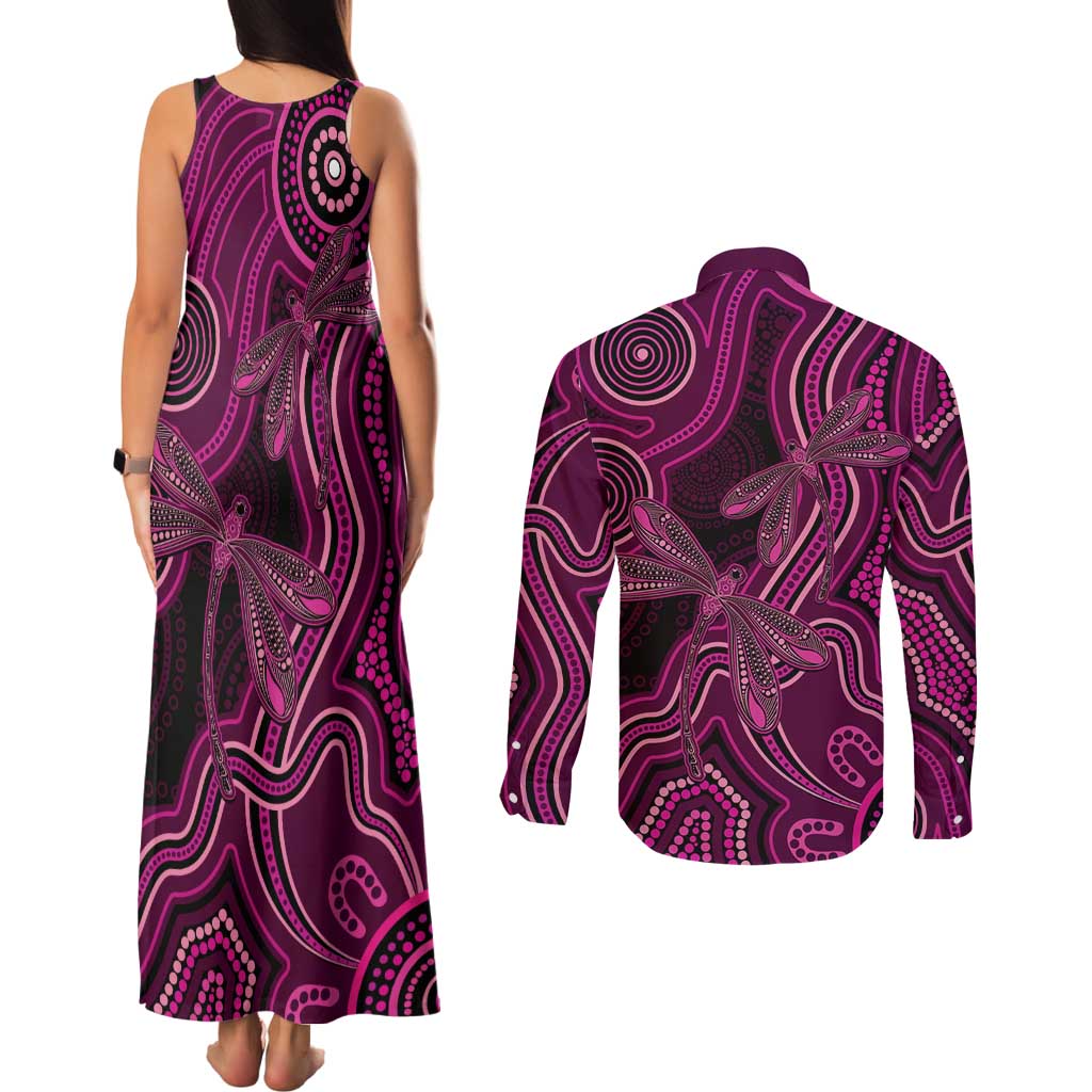 Australia Breast Cancer Awareness Couples Matching Tank Maxi Dress and Long Sleeve Button Shirt Pink Dragonflies Aboriginal Art - Aussie Hoodie
