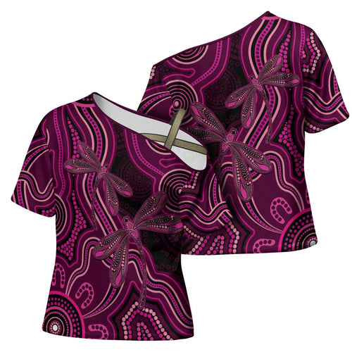 Australia Breast Cancer Awareness Cross Shoulder Shirt Pink Dragonflies Aboriginal Art - Aussie Hoodie